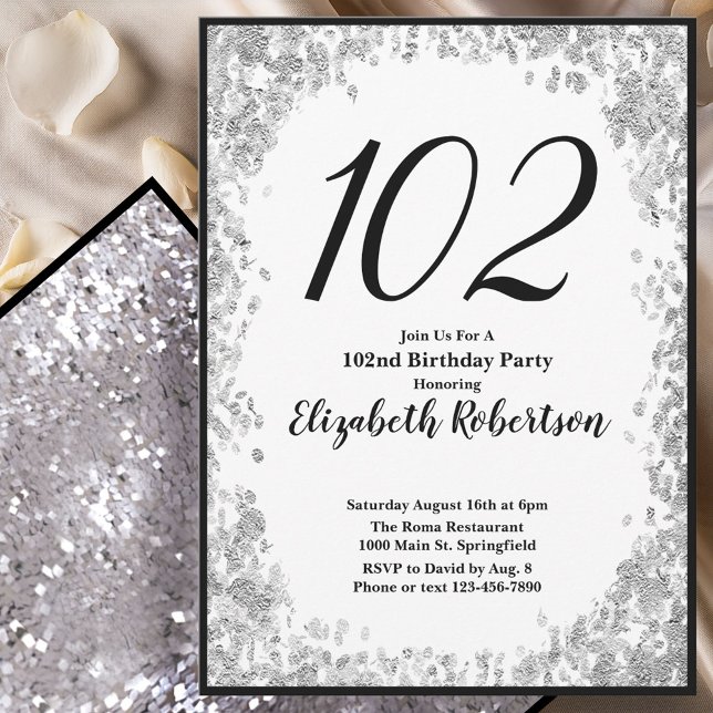 Elegant 102-års födelsedagsinbjudan Silver och Sva Inbjudningar (Skapare uppladdad)