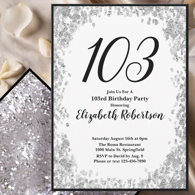 Elegant 103-års födelsedagsinbjudan silver och sva inbjudningar (Skapare uppladdad)