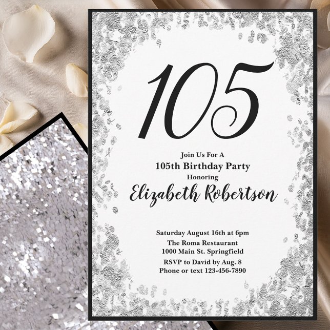 Elegant 105th Birthday Invitation Silver and Black Inbjudningar (Skapare uppladdad)