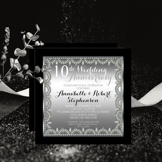Elegant 10-års Silver och Diamanter Jubileum Inbjudningar (Elegant 10th Silver Tone Tin-Look and Faux Printed Diamonds Anniversary Square Invitation Print Digi)