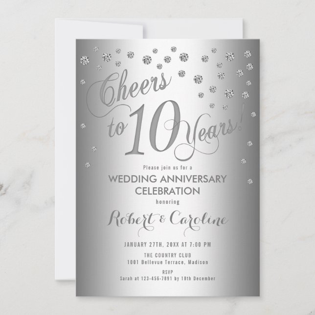 Elegant 10-årsjubileum - Silver Vitt Inbjudningar (Framsida)