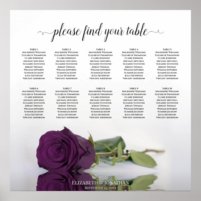 Elegant 10 Tabell Plommonfärgad Ros Sittplatskarta Poster (Framsidan)