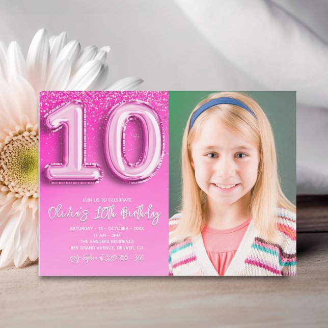 Elegant 10th Birthday girl with photo Numer Ballon Inbjudningar (Skapare uppladdad)