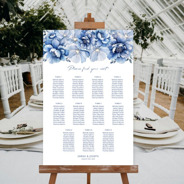 Elegant 11 Bord Blommig Blå Bröllopsplatskarta Poster (Skapare uppladdad)