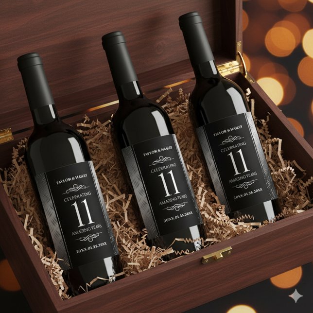 Elegant 11:e årsdagen för stålåret Bröllop Firande Vinflaska Etikett (11th Steel Wedding Anniversary Wine/Liquor Drink Labels Cover Photo)