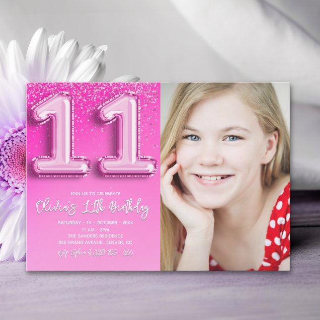 Elegant 11th Birthday girl with photo Numer Ballon Inbjudningar (Skapare uppladdad)
