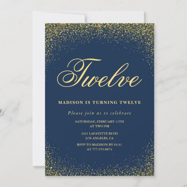 Elegant 12-års inbjudan Guld Navy Glam (Framsida)