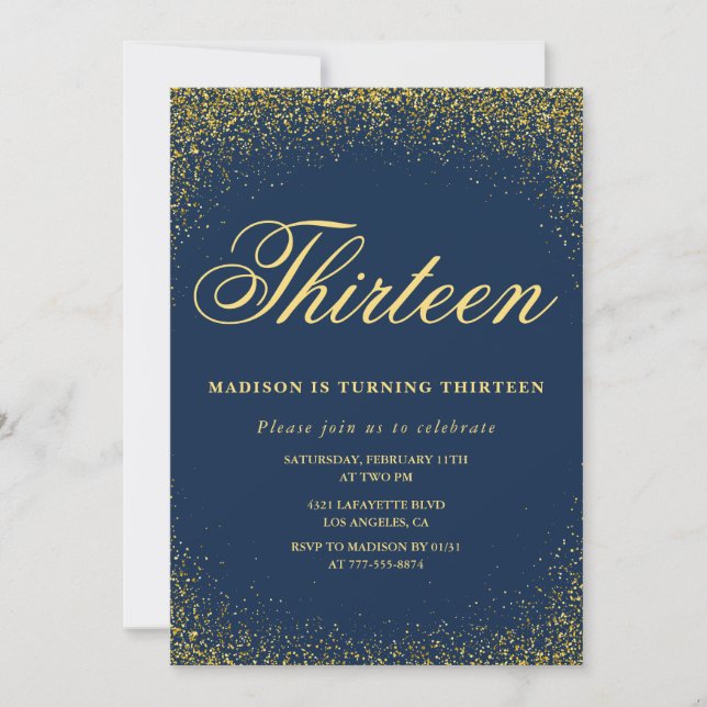 Elegant 13-års inbjudan Guld Navy Glam (Framsida)