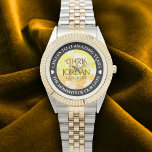 Elegant 13:e årsdagen för Bröllop Armbandsur<br><div class="desc">Högtidlighålla 13:e bröllop-årsdagen med denna minnesklocka! Elegant med hexagonala konfetti på gult-orange-mosaik ger en minnesvärd beröring för detta speciella tillfälle och milstolpe. Anpassa med parets namn,  data i giftermål och gratulationsmeddelande.s Design © W.H. Sim. Se mer på zazzle.com/expressionsoccasions</div>