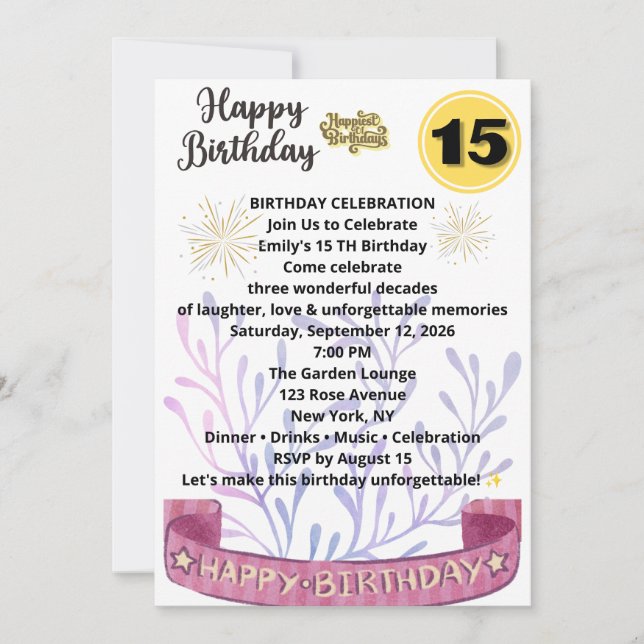 Elegant 15-års inbjudan – Chic Blommig Födelsedags (Framsida)