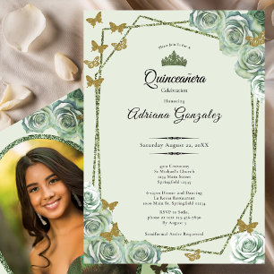 Elegant 15-årsdag sagegrön guld Quinceanera Inbjudningar