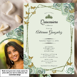 Elegant 15-årsdag sagegrön guld Quinceanera Inbjudningar