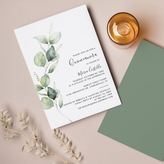 Elegant 15:e födelsedagen Eucalyptus Quinceanera Inbjudningar (Quinceanera Greenery Watercolor 15th Birthday Party Invitation)