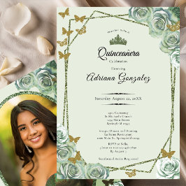 Elegant 15th birthday sage green gold Quinceanera Inbjudningar