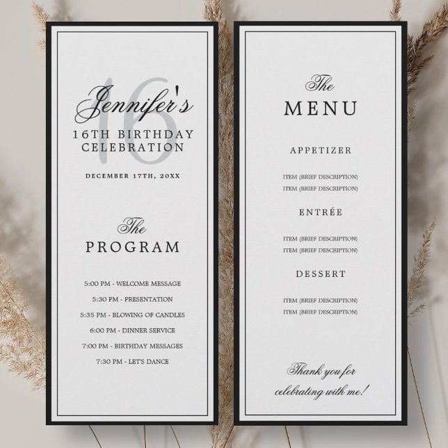 Elegant 16-årsfestprogram + Meny  Inbjudningar (Elegant 16th Birthday Party Program + Menu )