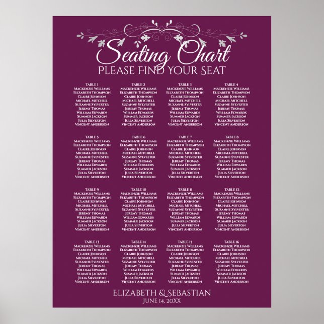 Elegant 16 Bord Cassis Bröllop Sittplatsdiagram Poster (Framsidan)