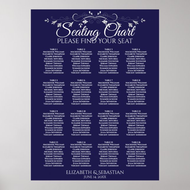 Elegant 16 bord marinblå bröllopsplatskarta poster (Framsidan)