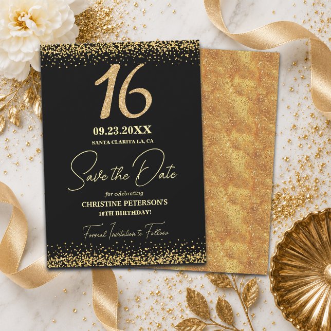 Elegant 16:e Svart Guld Glitter Födelsedag Spara Datumet (Skapare uppladdad)