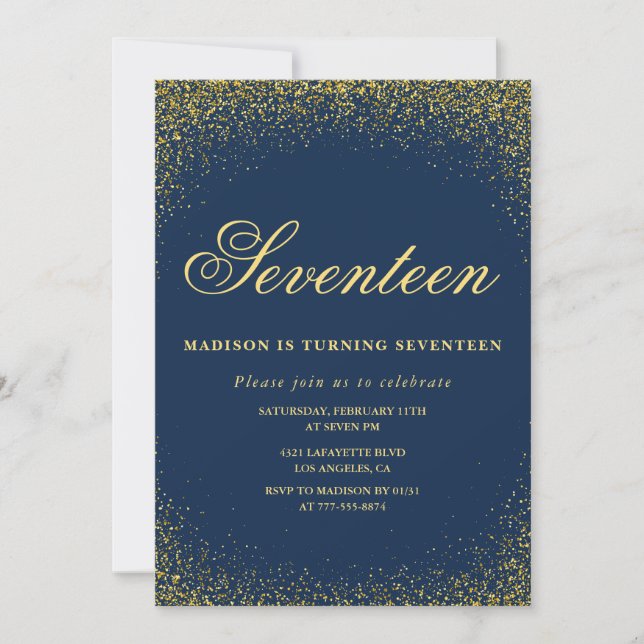 Elegant 17-års inbjudan Guld Navy Glitter (Framsida)
