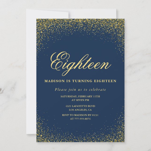 Elegant 18-års inbjudan Guld Navy Glitter (Framsida)
