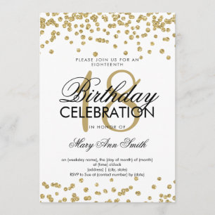 Elegant 18:e födelsedag Guld Glitter Konfetti Whit Inbjudningar