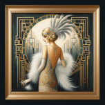 Elegant 1920-talet Art Deco Flapper Dam, tryckt Ra Poster<br><div class="desc">Elegant 1920-talet Art Deco Flapper Dam,  tryckt Ram,  vit klänning och ludderhuvud</div>