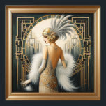 Elegant 1920-talet Art Deco Flapper Dam, tryckt Ra Poster<br><div class="desc">Elegant 1920-talet Art Deco Flapper Dam,  tryckt Ram,  vit klänning och ludderhuvud</div>