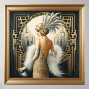 Elegant 1920-talet Art Deco Flapper Dam, tryckt Ra Poster