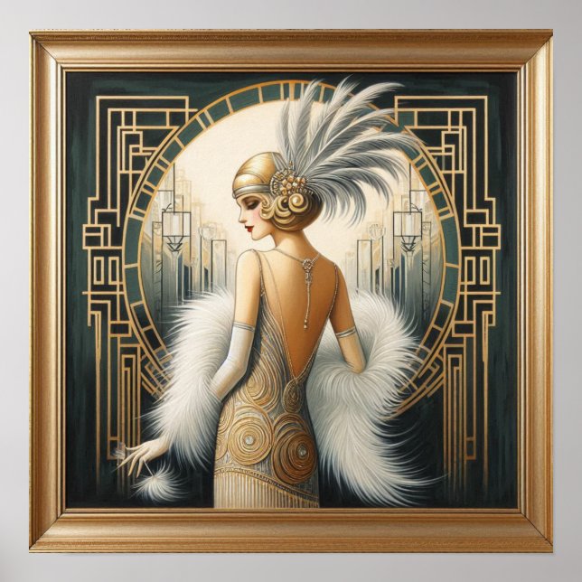 Elegant 1920-talet Art Deco Flapper Dam, tryckt Ra Poster (Framsidan)