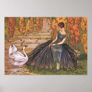 Elegant 1920-tals fransk Art Deco kvinna & svan da Poster