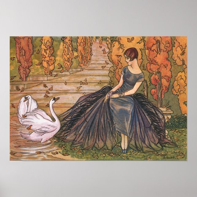 Elegant 1920-tals fransk Art Deco kvinna & svan da Poster (Framsidan)