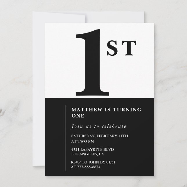 Elegant 1-års inbjudan Svart Chic Modern (Framsida)
