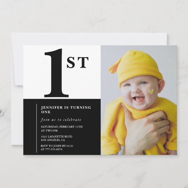 Elegant 1-års inbjudan Svart Flicka Foto (Framsida)