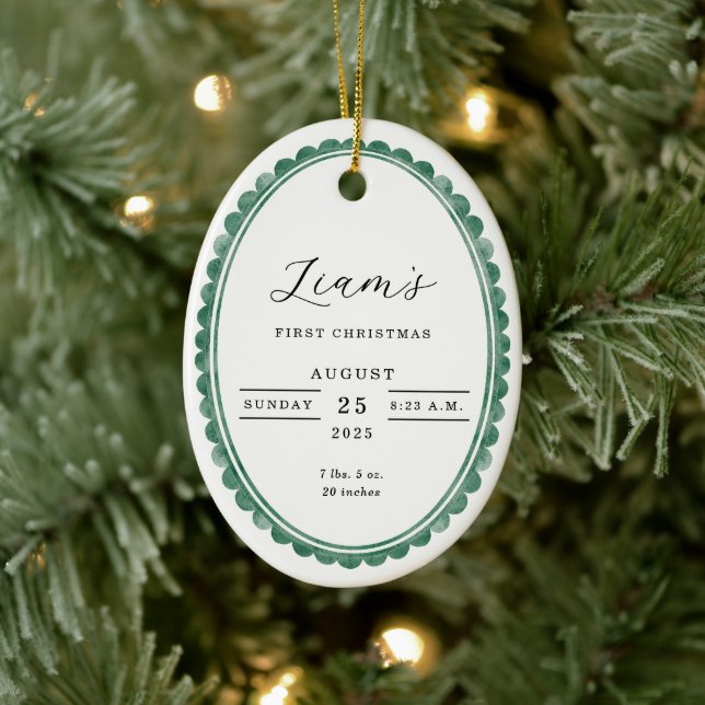 Elegant 1st Christmas Baby Photo Birth Stats Oval  Julgransprydnad Keramik (Träd)