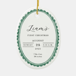 Elegant 1st Christmas Baby Photo Birth Stats Oval  Julgransprydnad Keramik
