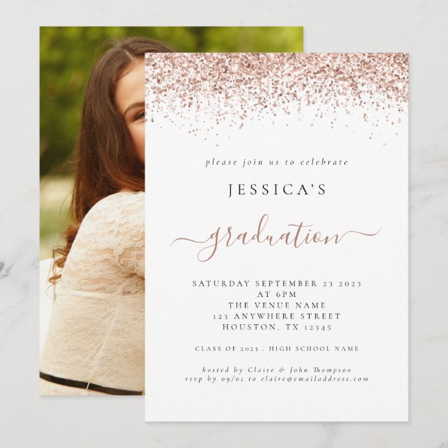 Elegant 2024 Studenten Photo Ro Guld Glitter Inbjudningar (Fram/baksida)