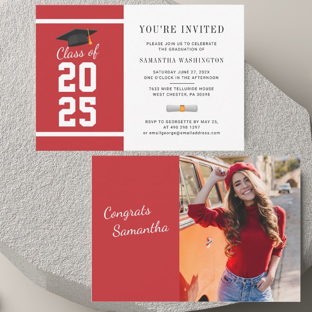 Elegant 2025 inbjudan till Photo Studenten (Graduation Red and White Photo Invitation)