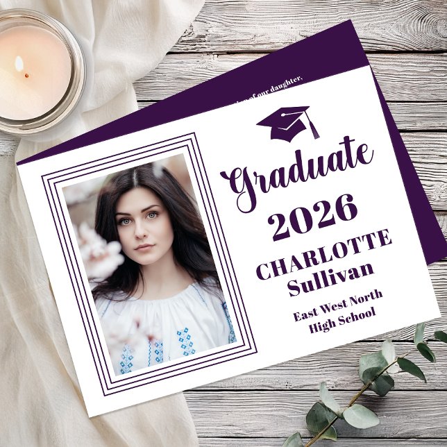 Elegant 2026 Graduate Graduation Portrait Photo  Meddelande (Elegant Modern Graduation Portrait Photo Announcement - Print | Digital - Purple | White Reverse)