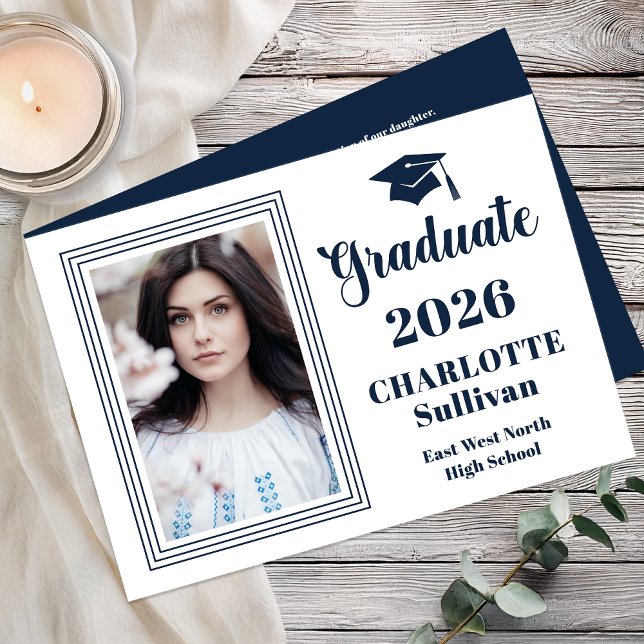 Elegant 2026 Graduate Graduation Portrait Photo  Meddelande (Elegant Modern Graduation Portrait Photo Announcement - Print | Digital - Blue | White Reverse)