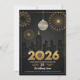 Elegant 2026 Nyårsafton - Guldglitterfest Inbjudningar