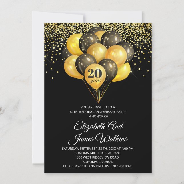 Elegant 20-års bröllopsdag Guld och svart  Inbjudningar (Framsida)