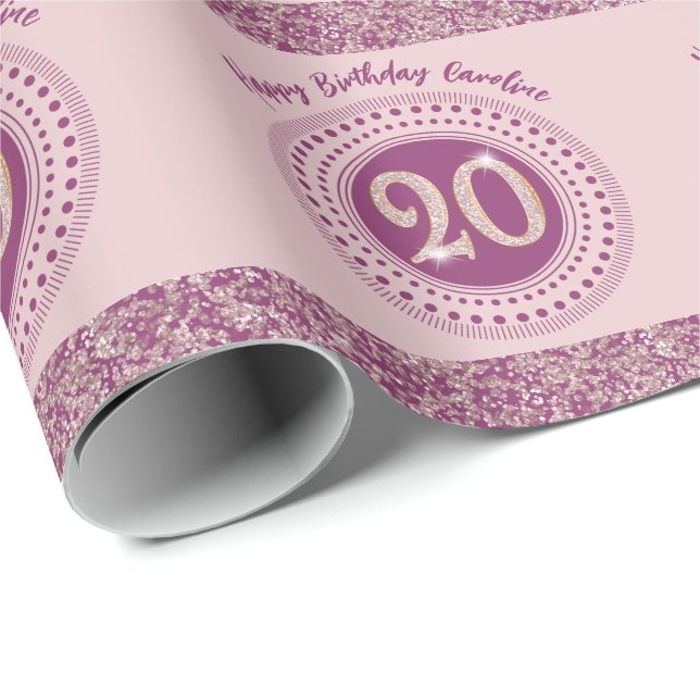 Elegant 20-årsdag Rose Guld Glitter & Ränder Presentpapper (Rullad Hörn)