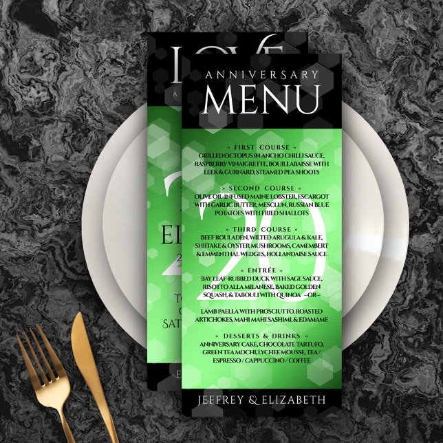 Elegant 20:e årsdagen av Emerald Bröllop Meny (Elegant 20th Emerald Wedding Anniversary Menu Rack Card Cover Photo.)