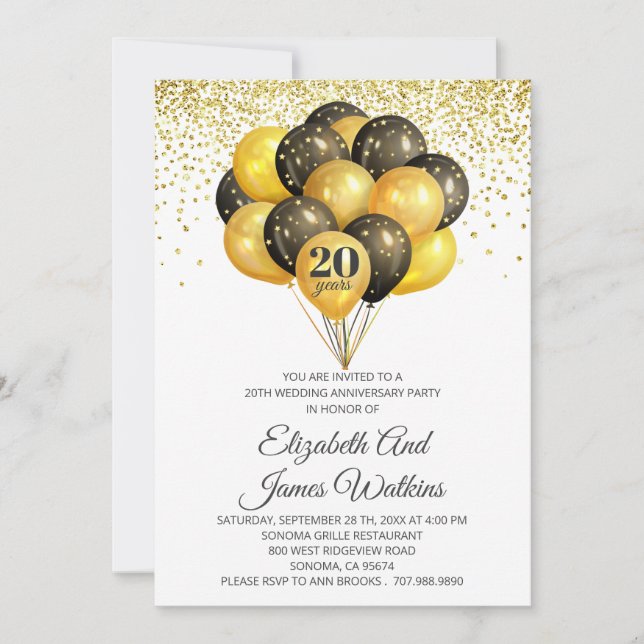 Elegant 20:e Bröllop-årsdagen Guld och svart I Inbjudningar (Framsida)