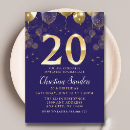 Elegant 20th Birthday Invitation with Gold Ballons Inbjudningar