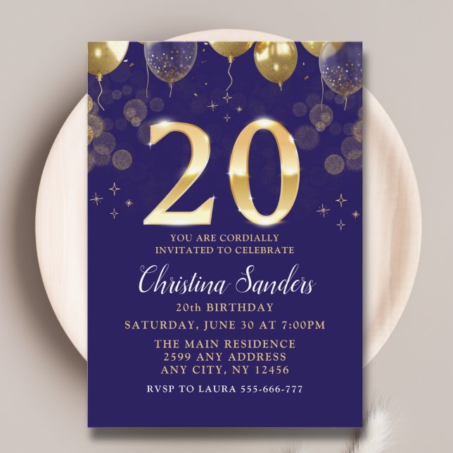 Elegant 20th Birthday Invitation with Gold Ballons Inbjudningar (Skapare uppladdad)