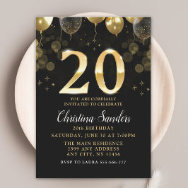 Elegant 20th Birthday Invitation with Gold Ballons Inbjudningar