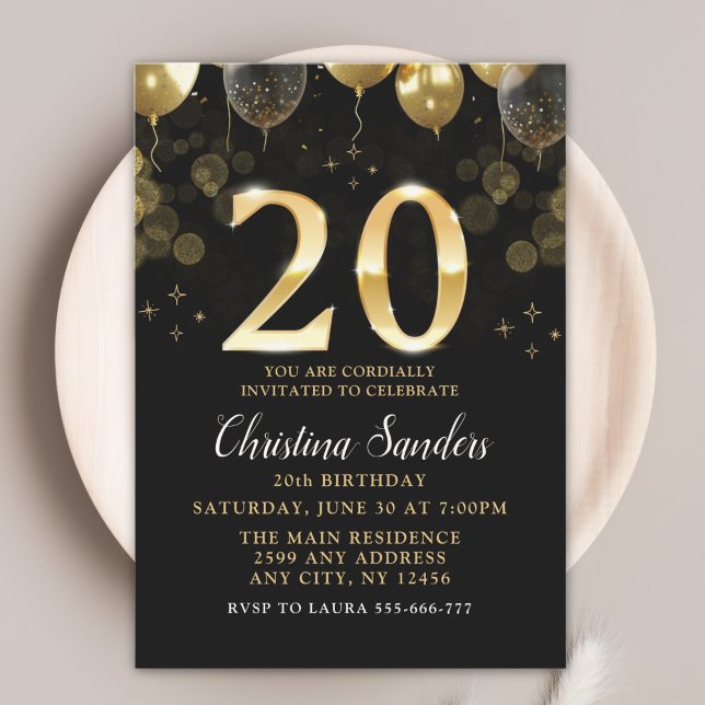 Elegant 20th Birthday Invitation with Gold Ballons Inbjudningar (Skapare uppladdad)
