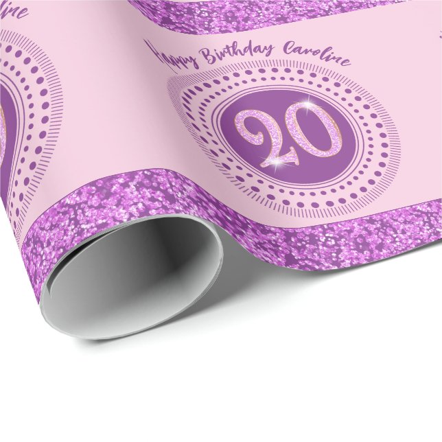 Elegant 20th Birthday Pink Glitter with Stripes Presentpapper (Rullad Hörn)