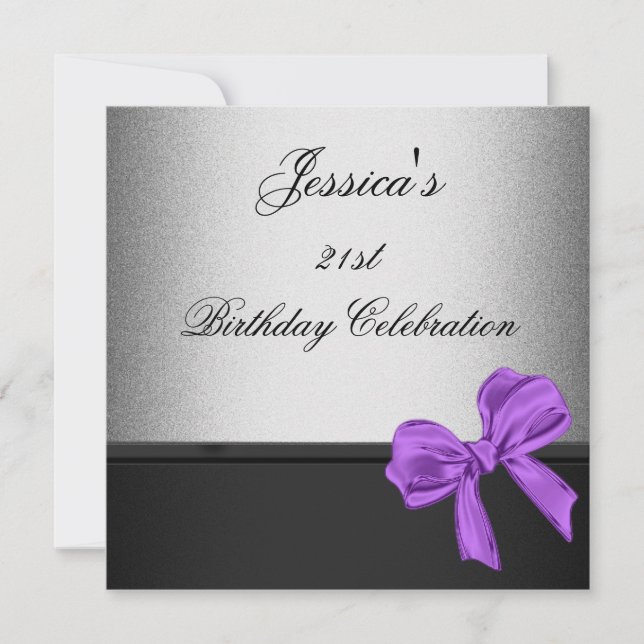 Elegant 21:a födelsedag Black Silver Lila Bow Inbjudningar (Framsida)